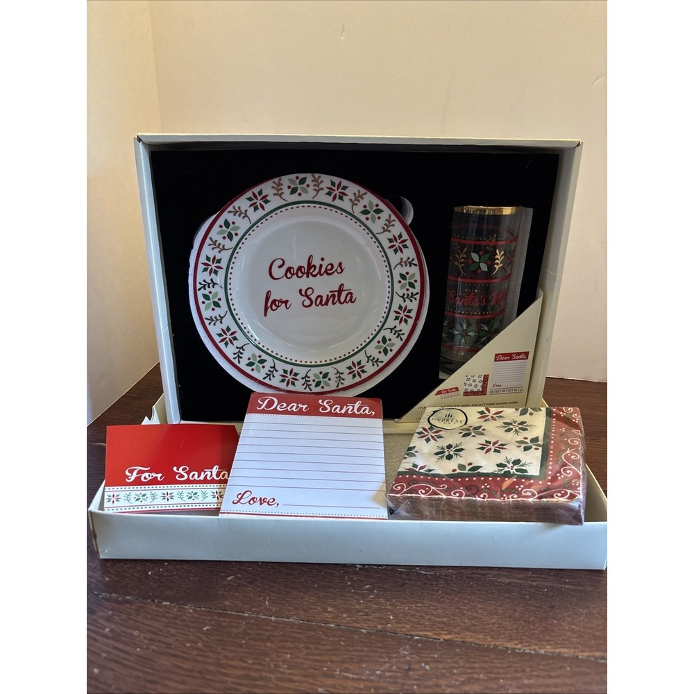 Cypress Home Cookies For Santa Set Plate Glass‎ Napkins Letters Place Card New